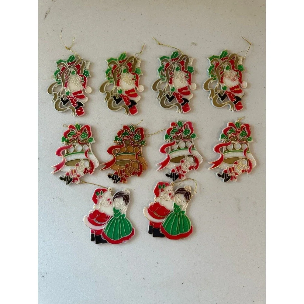 Vintage Set Of 10 Plastic Faux Stained Glass Style Santa Christmas Ornaments